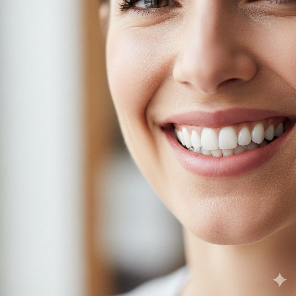 Close-up of a smiling woman showing bright, healthy teet