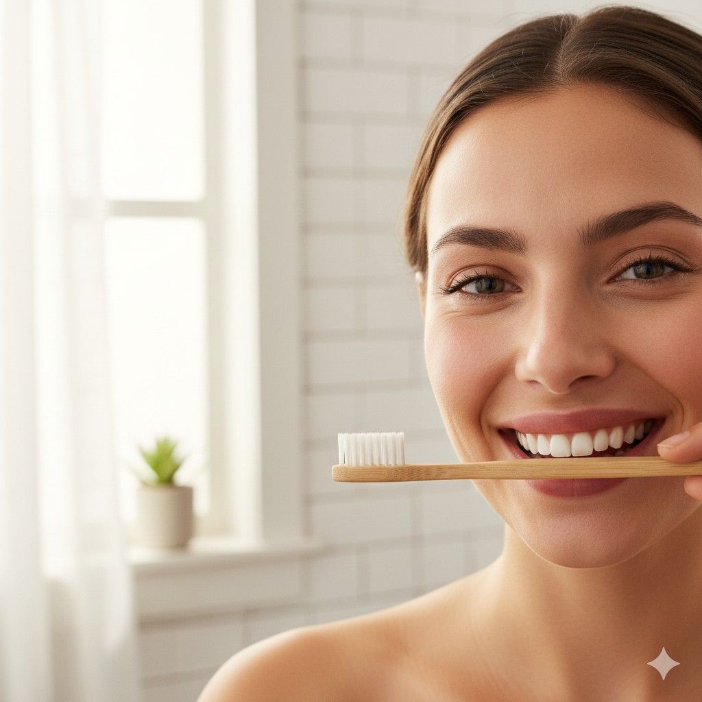 Smiling woman holding a bamboo toothbrush, showing healthy teeth.